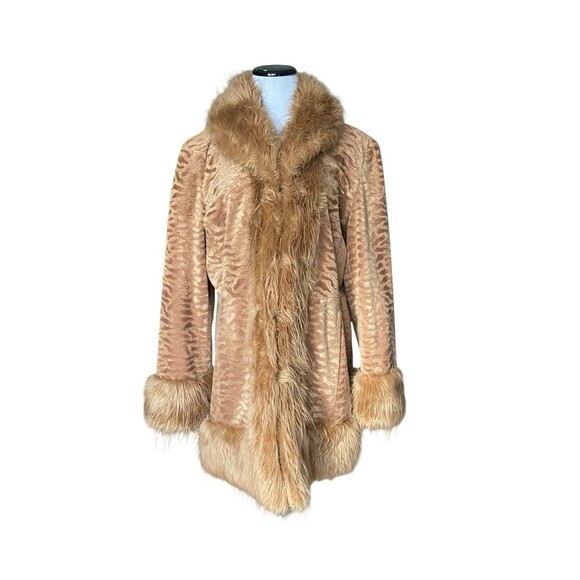Vintage Y2K Penny Lane Faux Fur Trim Coat Size XL Tan Shaggy Boho 70s Mob Wife - Picture 1 of 15